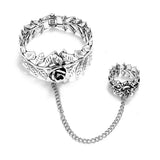 bracelet bague argenté feuillage et rose